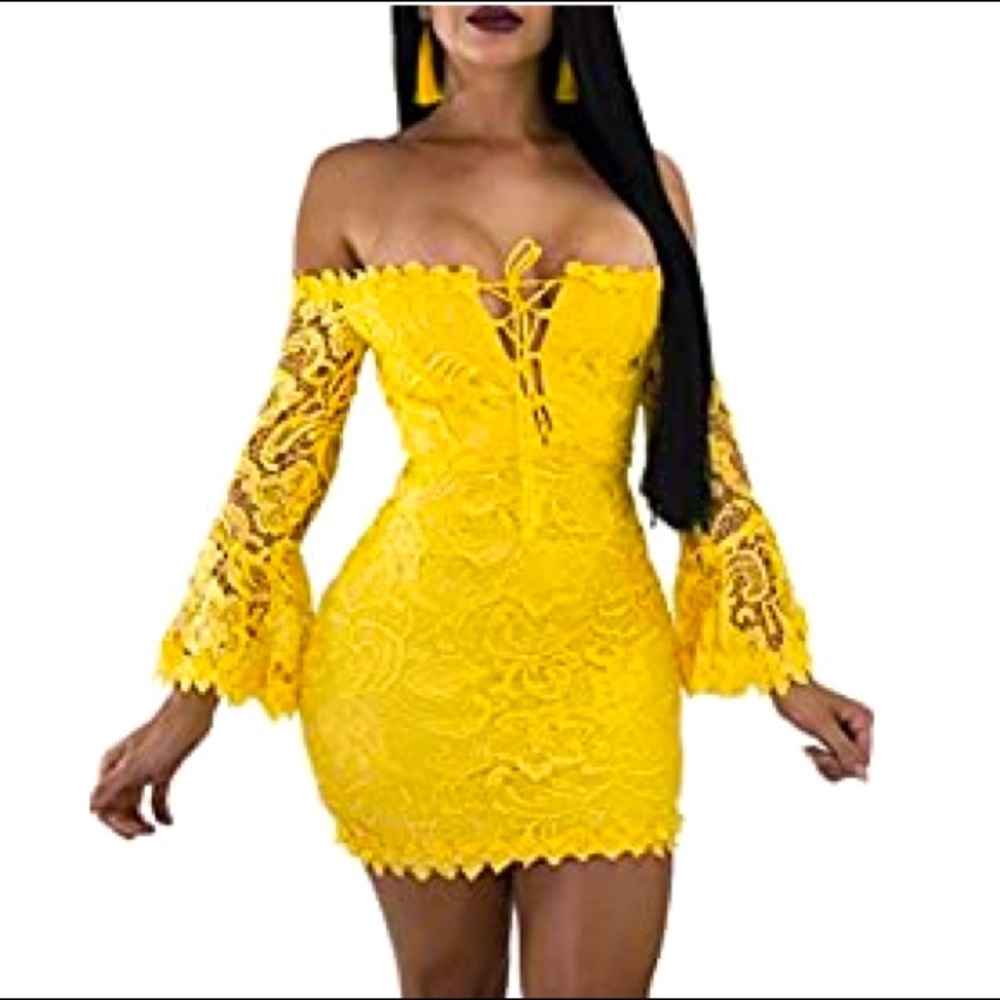 Sexy bright yellow lace bell sleeve mini club dress EUC